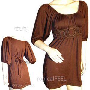New Y2K Womens Tunic Top Blouse S Empire Waist Square Neck Boho Princess Brown
